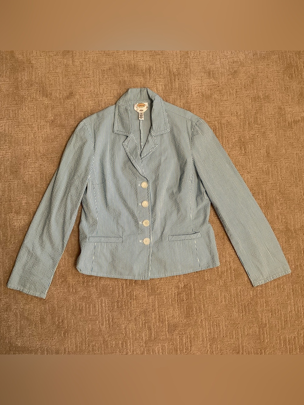 🩵 Vintage Talbots Blue White Seersucker Pinstripe Women Blazer Sz 16 L EUC Y2K